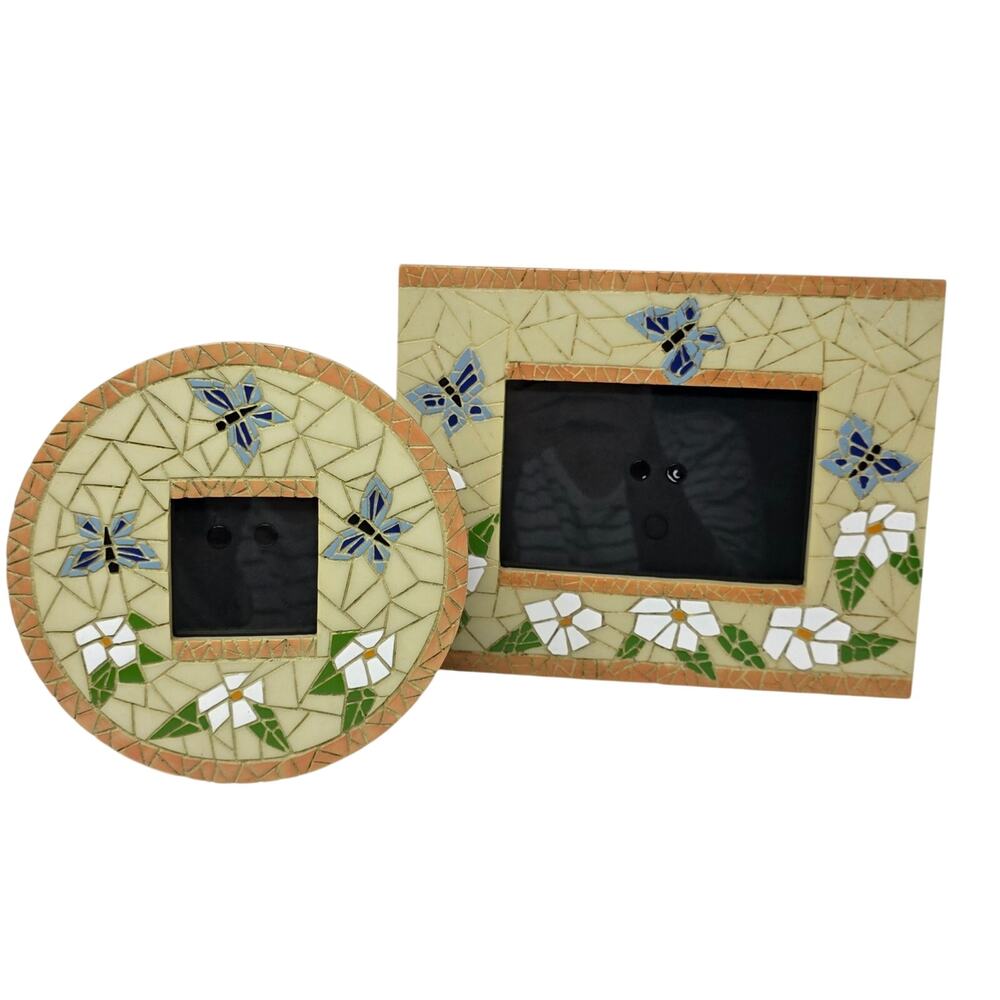 Vintage Butterfly Daisy Mosaic Style Picture Frame Set Cottage Garden Decor